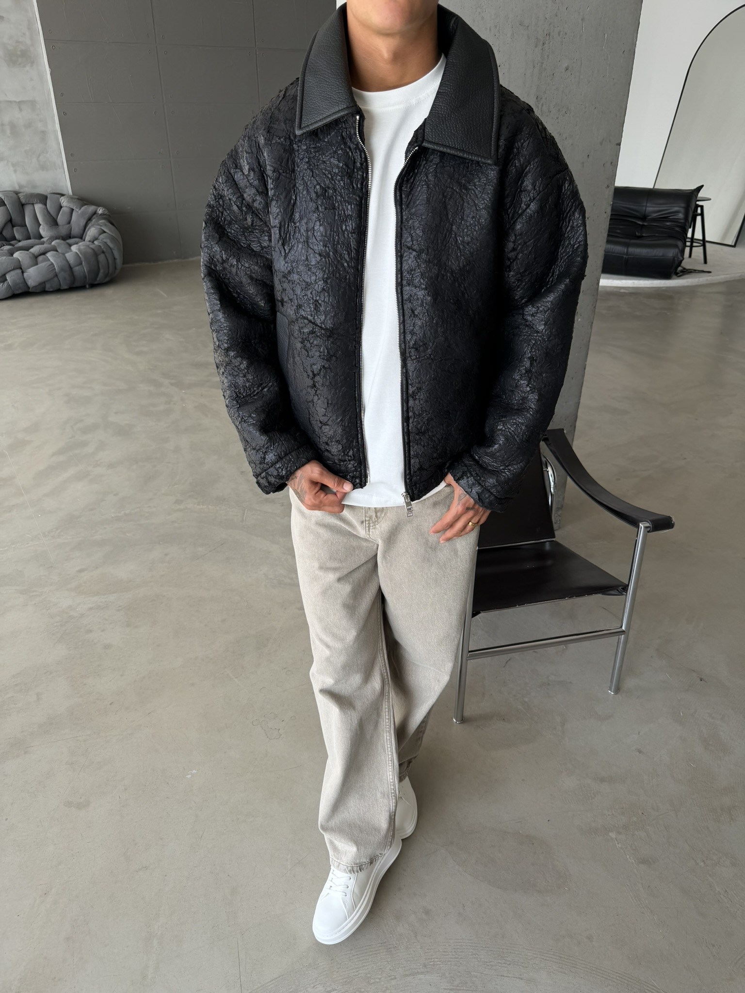 Vintage Wash Deri Yaka Bomber Ceket