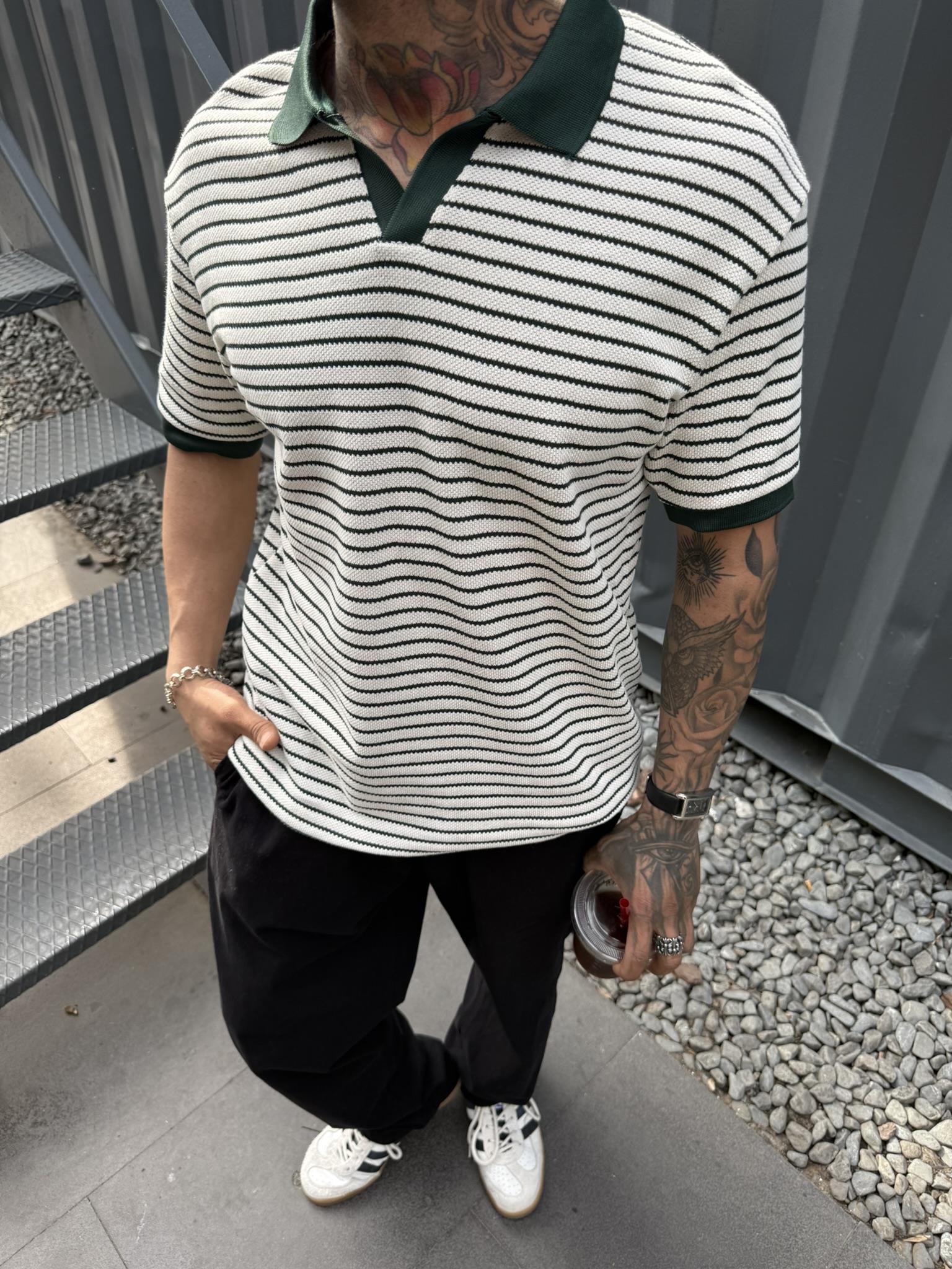 Yarım Pat Gömlek Yaka Çizgili Triko T-Shirt  - Yeşil