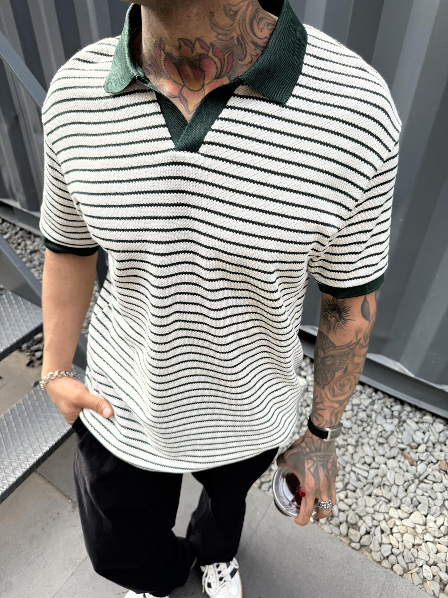 Yarım Pat Gömlek Yaka Çizgili Triko T-Shirt  - Yeşil