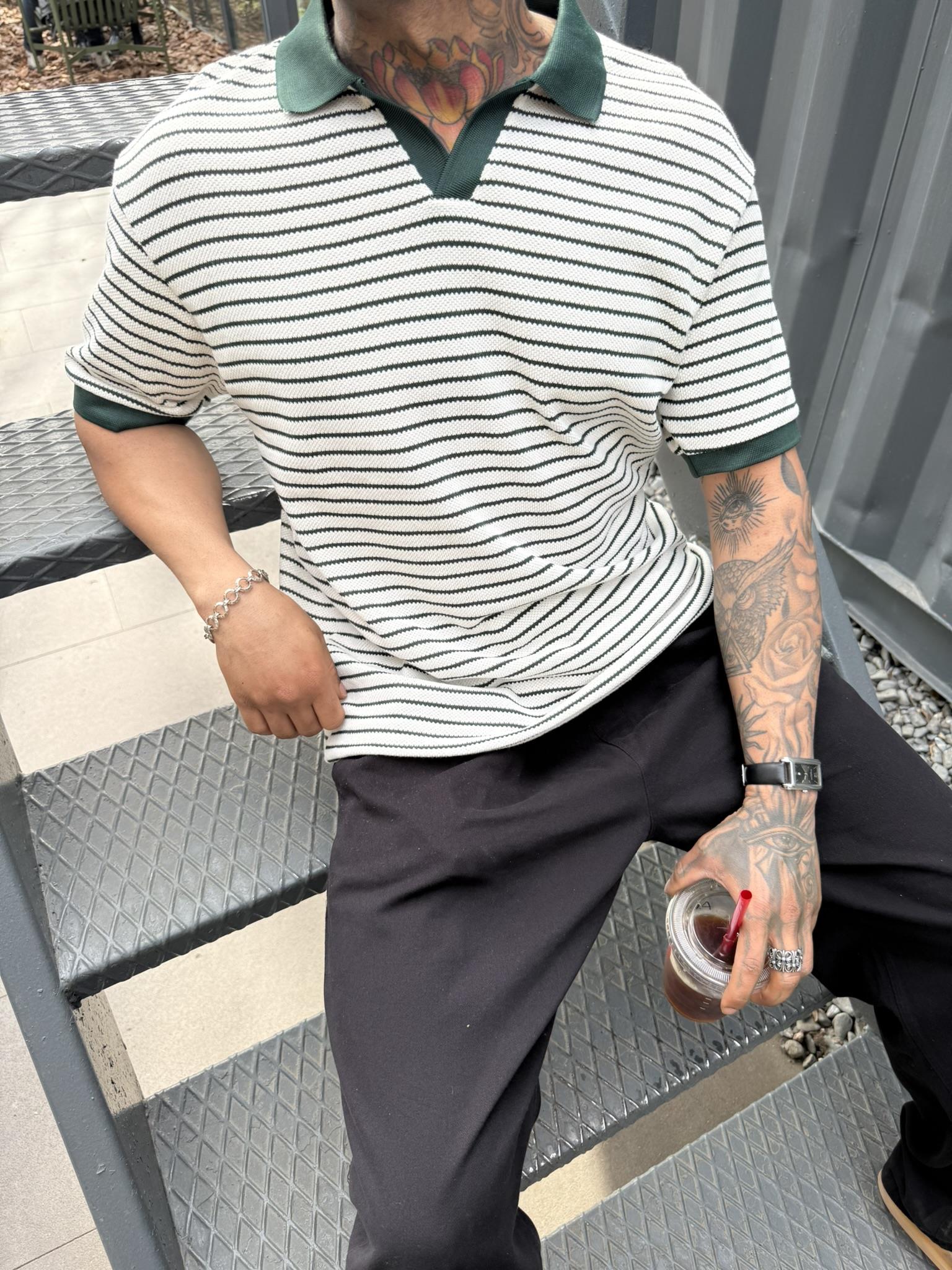 Yarım Pat Gömlek Yaka Çizgili Triko T-Shirt  - Yeşil