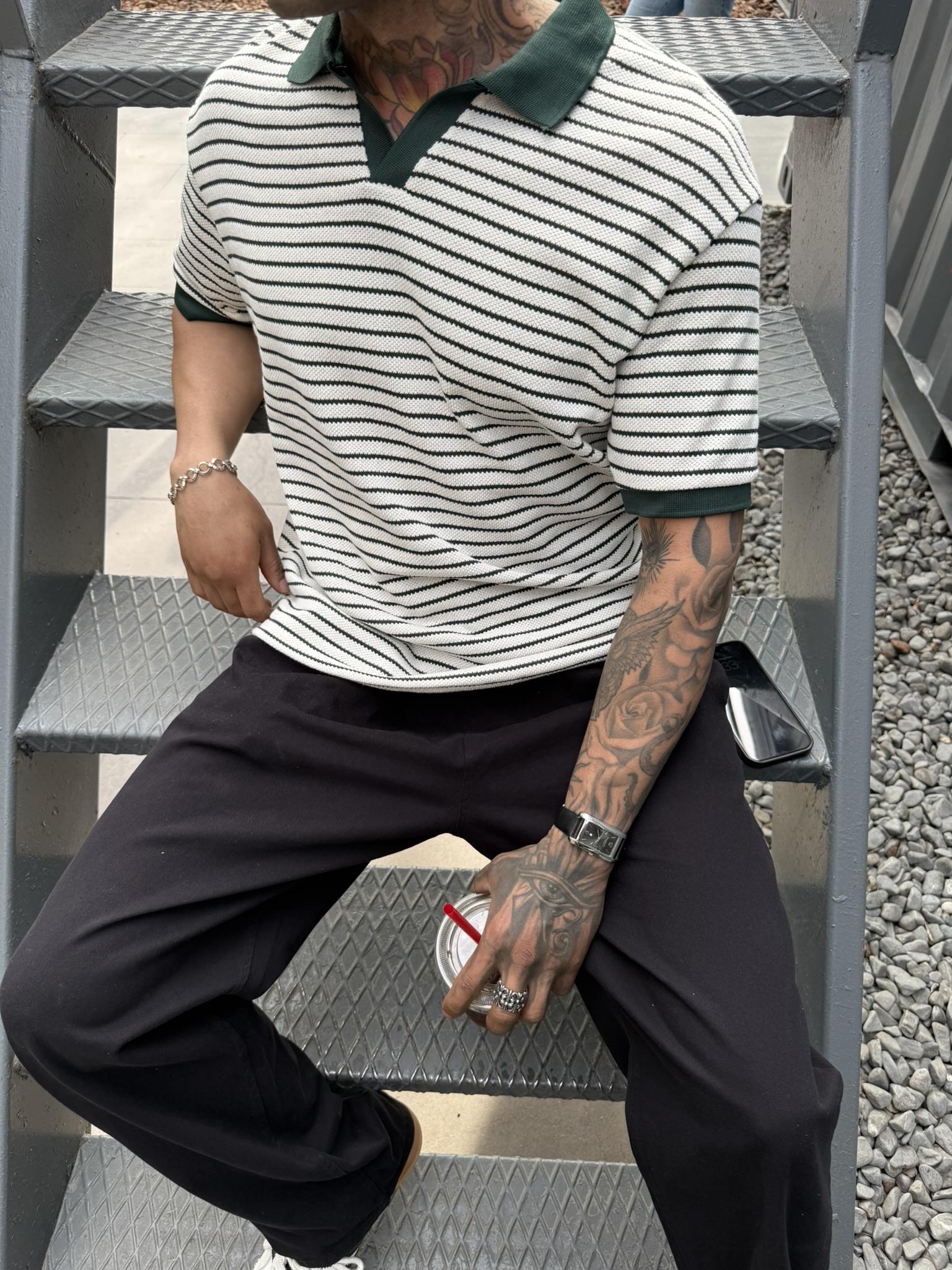 Yarım Pat Gömlek Yaka Çizgili Triko T-Shirt  - Yeşil