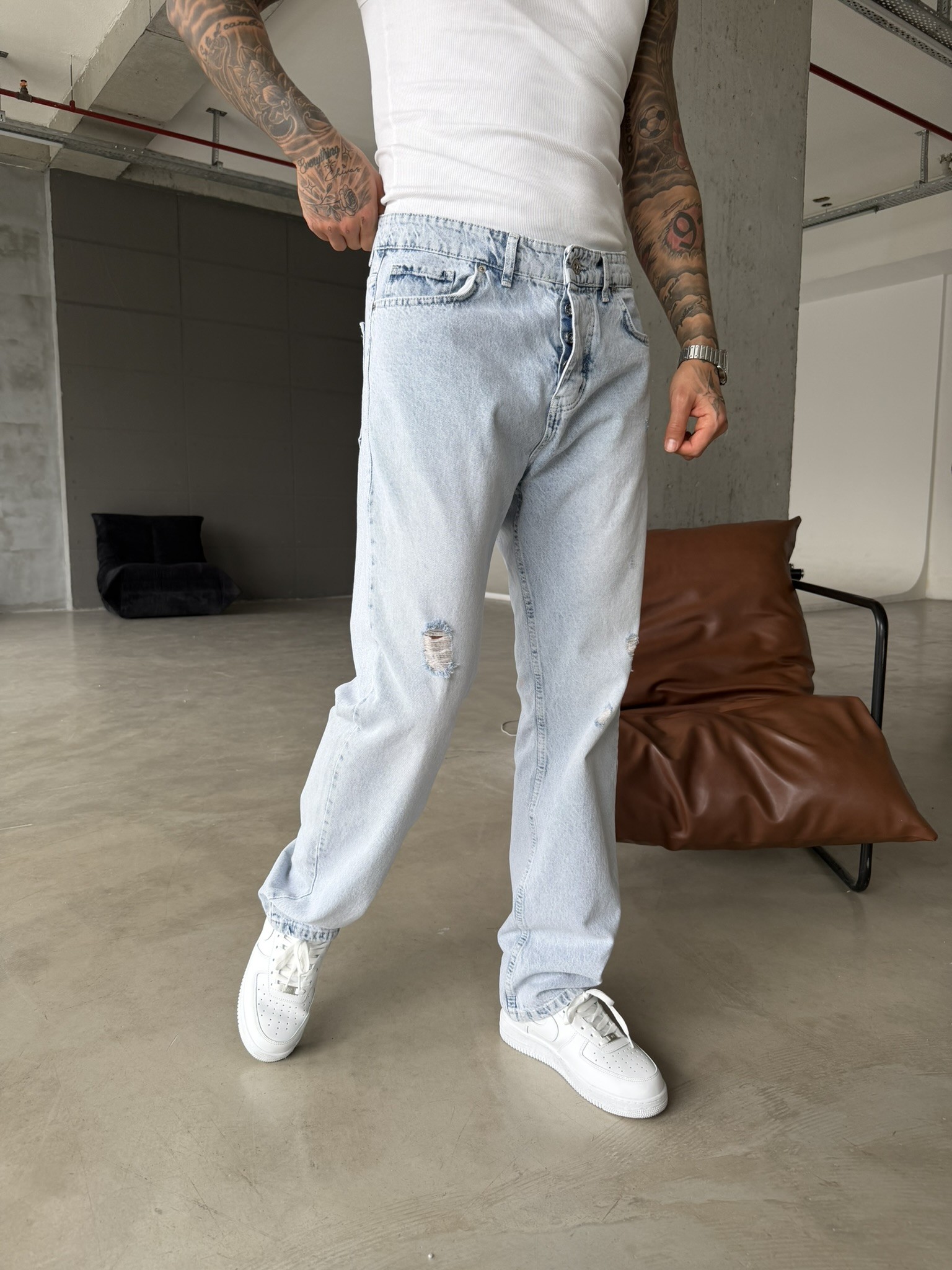 Yırtık Detaylı Baggy Pantolon - Buz Mavi