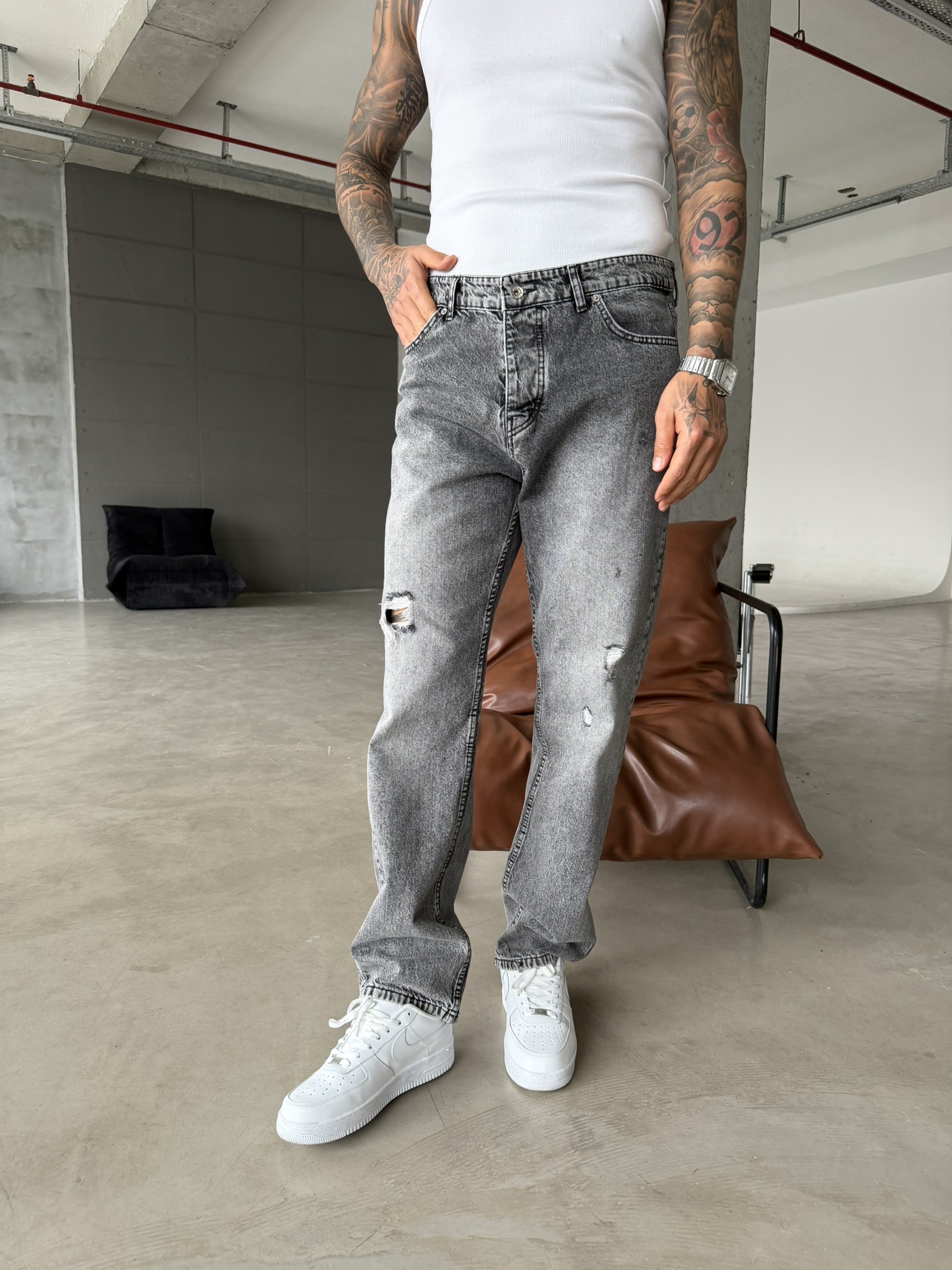Yırtık Detaylı Baggy Pantolon - Gri