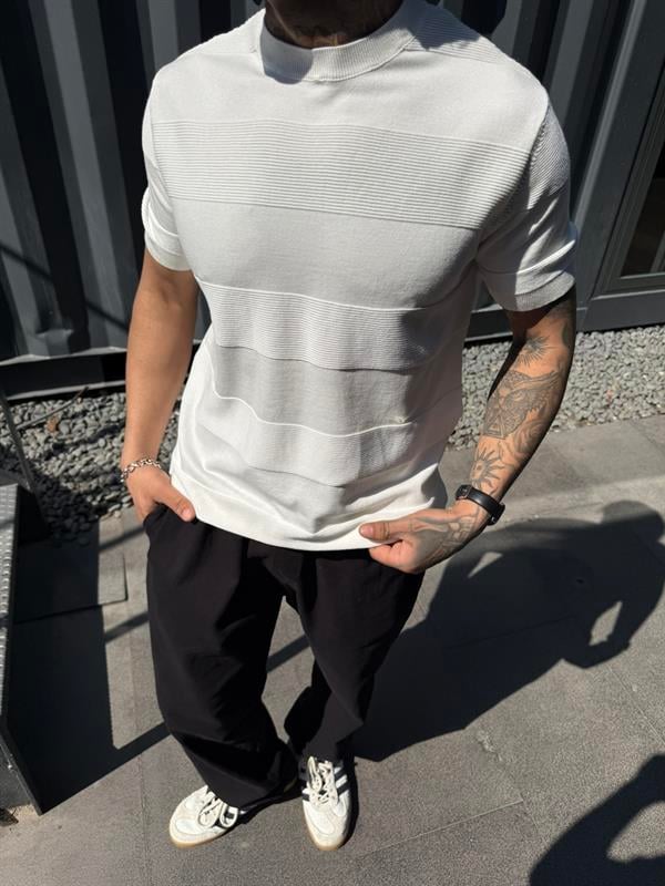  Regular Fit Cizgili Bisiklet Yaka Esnek Triko T-Shirt - Beyaz