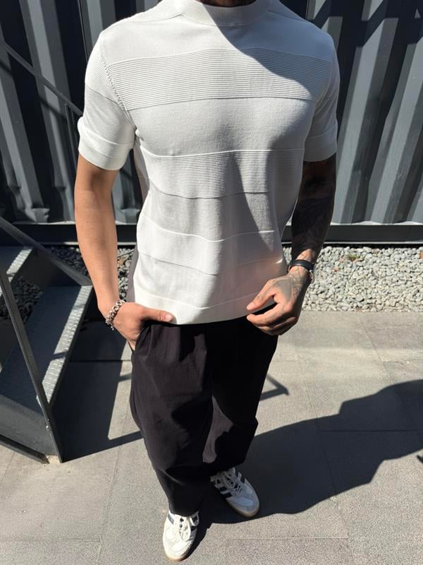  Regular Fit Cizgili Bisiklet Yaka Esnek Triko T-Shirt - Beyaz