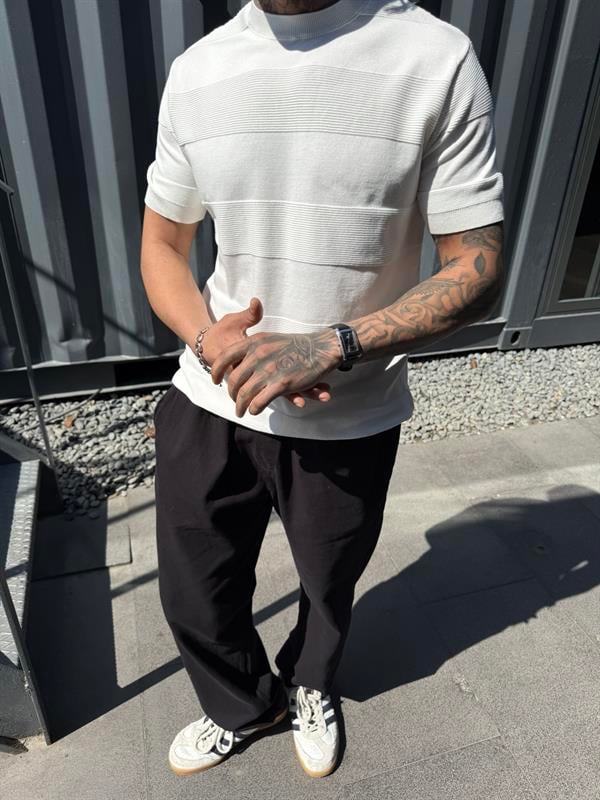  Regular Fit Cizgili Bisiklet Yaka Esnek Triko T-Shirt - Beyaz