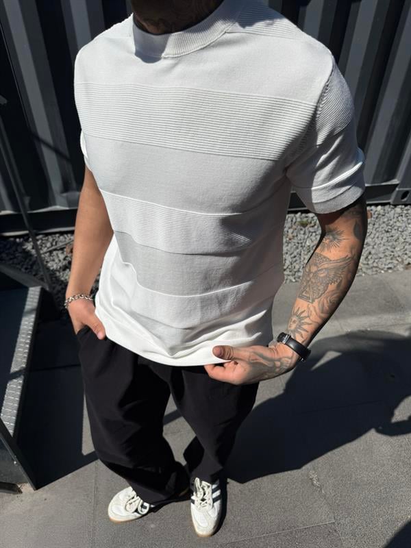  Regular Fit Cizgili Bisiklet Yaka Esnek Triko T-Shirt - Beyaz