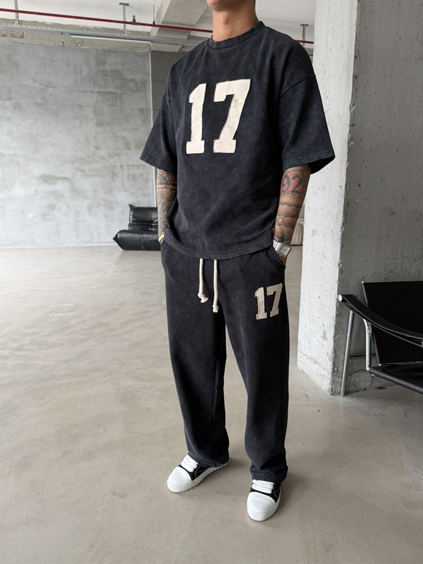 17 Acid Yıkama Premium Baggy Eşofman - Siyah