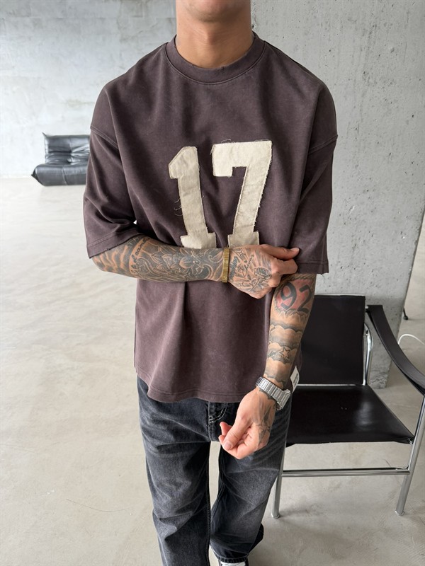 17 Acid Yıkama Premium T-Shirt - Kahve