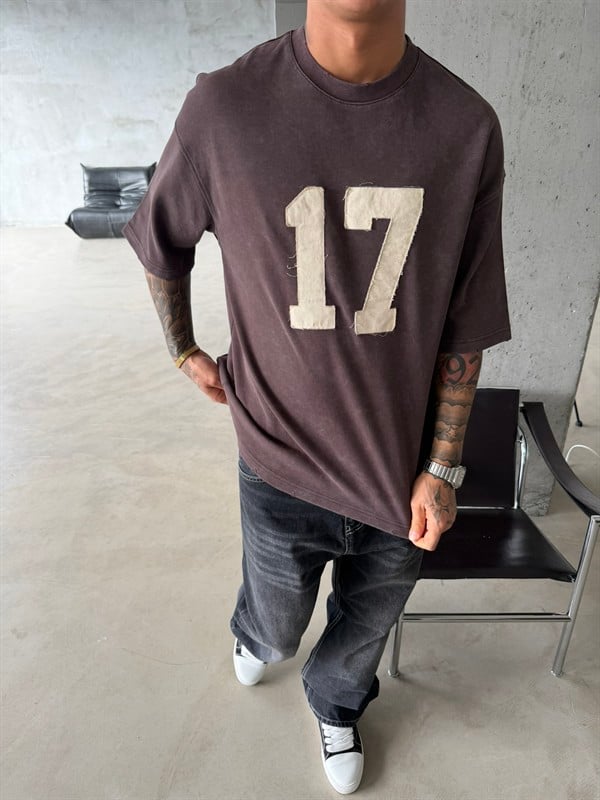 17 Acid Yıkama Premium T-Shirt - Kahve