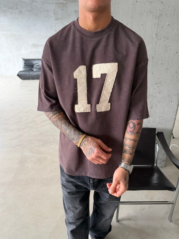 17 Acid Yıkama Premium T-Shirt - Kahve