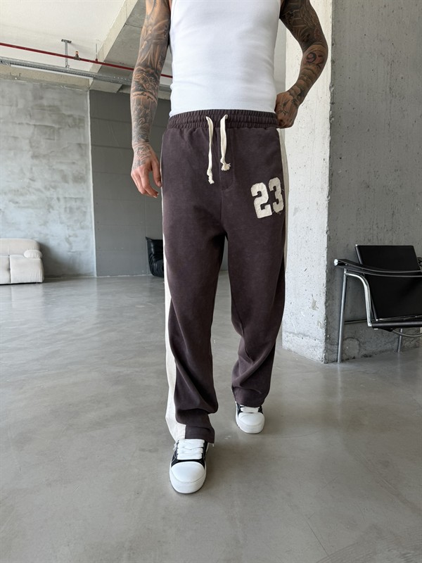 23 Premium Acid Yıkama Şeritli Eşofman - Kahve