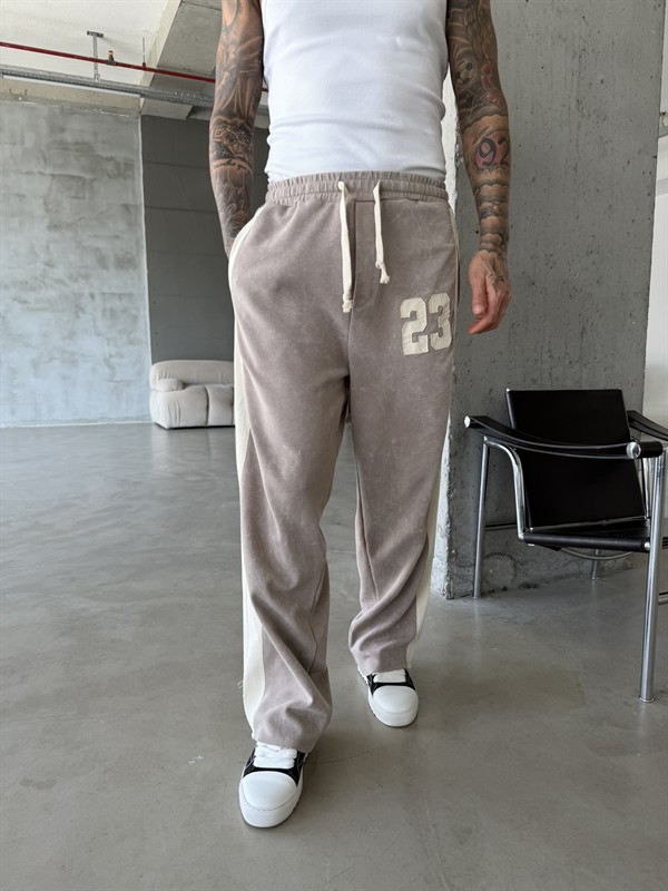 23 Premium Acid Yıkama Şeritli Eşofman - Bej