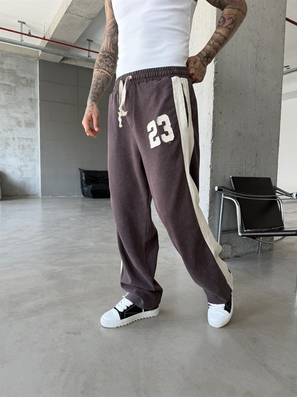 23 Premium Acid Yıkama Şeritli Eşofman - Kahve