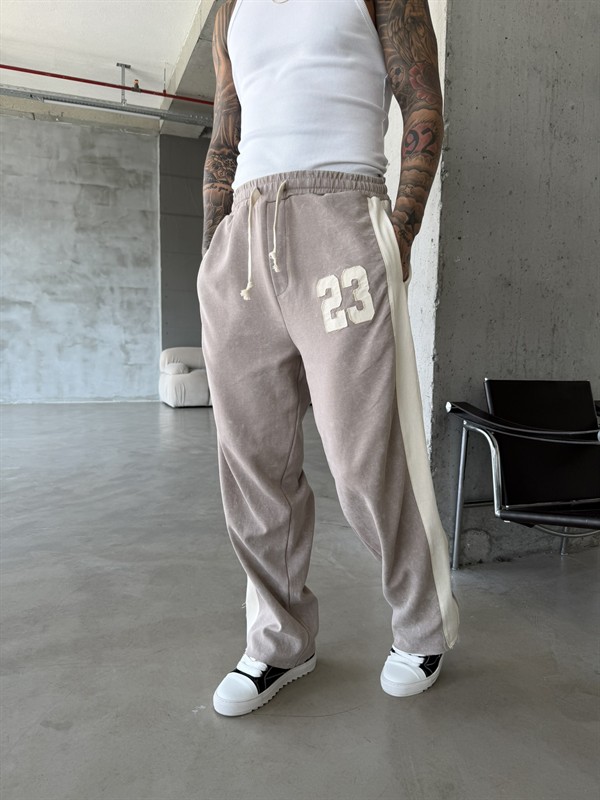 23 Premium Acid Yıkama Şeritli Eşofman - Bej