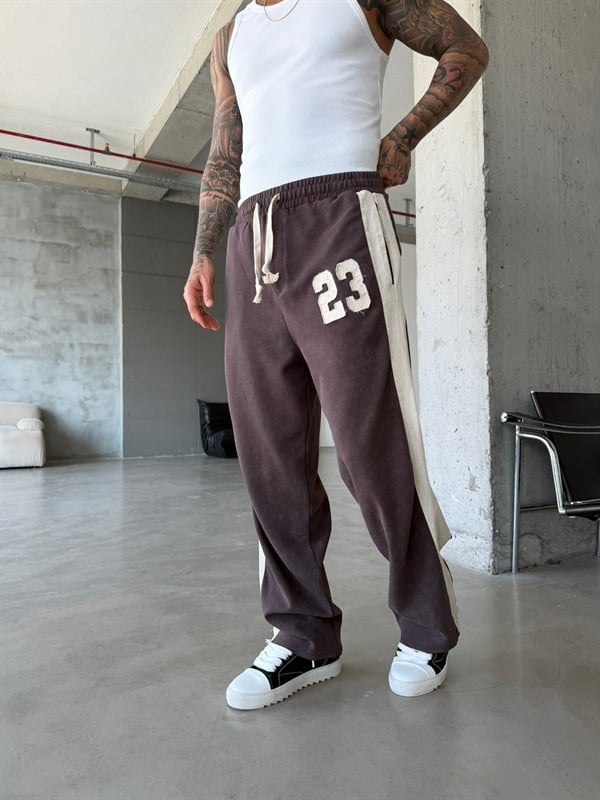 23 Premium Acid Yıkama Şeritli Eşofman - Kahve