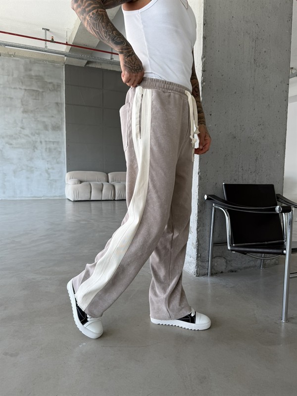 23 Premium Acid Yıkama Şeritli Eşofman - Bej