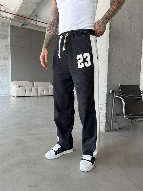 23 Premium Acid Yıkama Şeritli Eşofman - Siyah