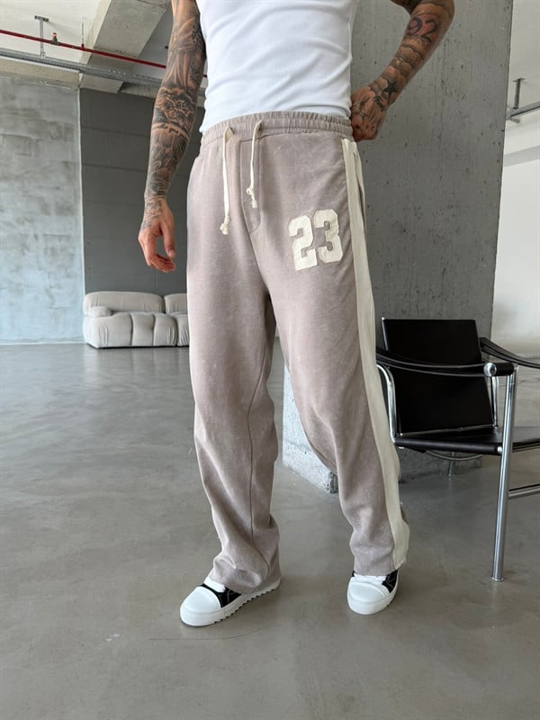 23 Premium Acid Yıkama Şeritli Eşofman - Bej