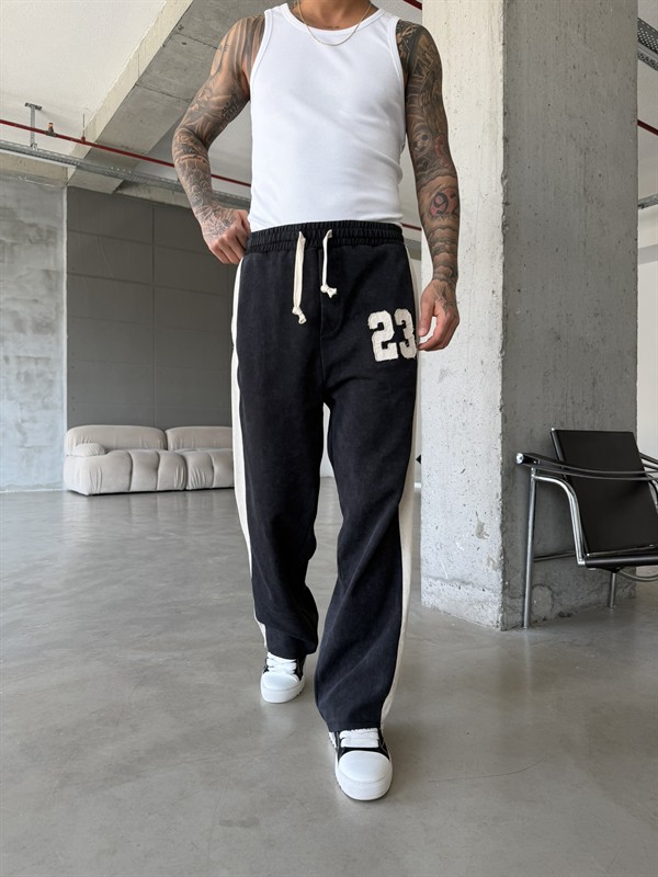 23 Premium Acid Yıkama Şeritli Eşofman - Siyah