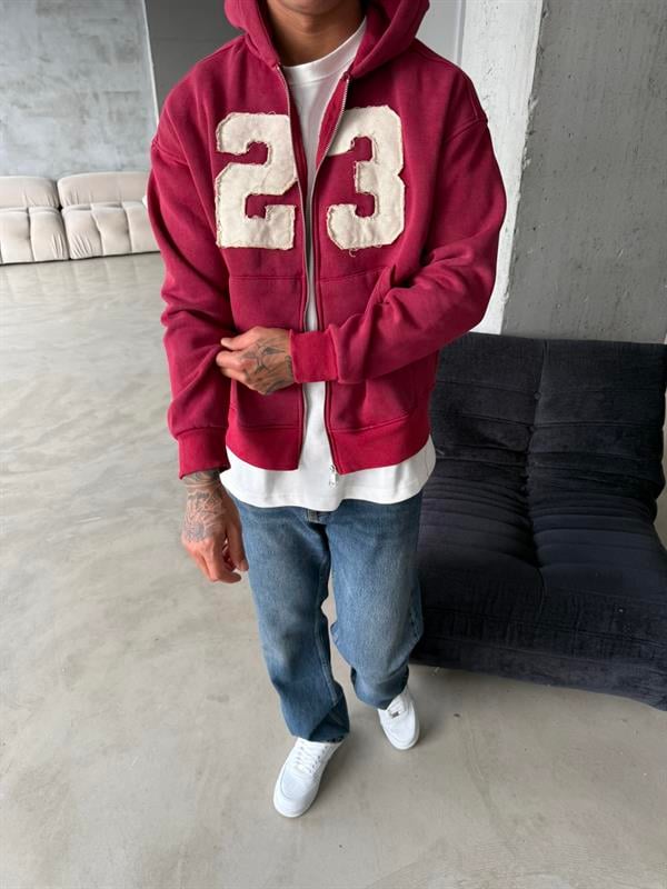 23 Premium Yıkamalı Zip Hırka - Bordo