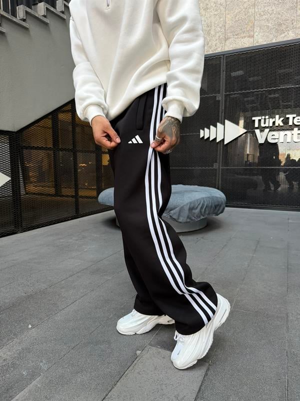 3 İplik Premium Üç Şeritli Enjeksiyon Baggy Eşofman - Siyah