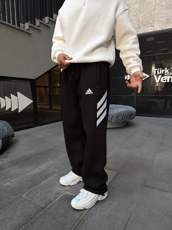 3 İplik Premium Yan Şerit Baskı Eşofman - Siyah