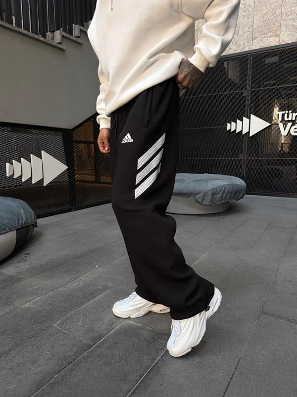 3 İplik Premium Yan Şerit Baskı Eşofman - Siyah