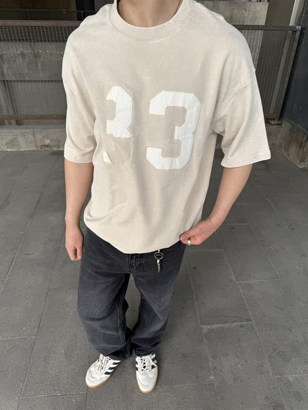 33 Pacht Detaylı Oversize T-Shirt - Bej