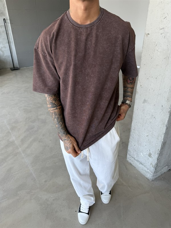 362 Premium Acid Yıkama Basic T-Shirt - Kahve
