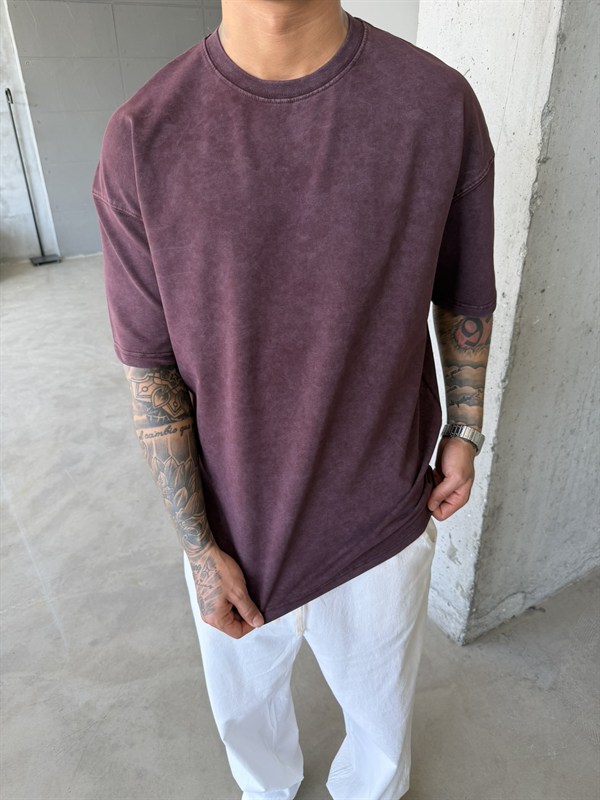 362 Premium Acid Yıkama Basic T-Shirt - Mürdün