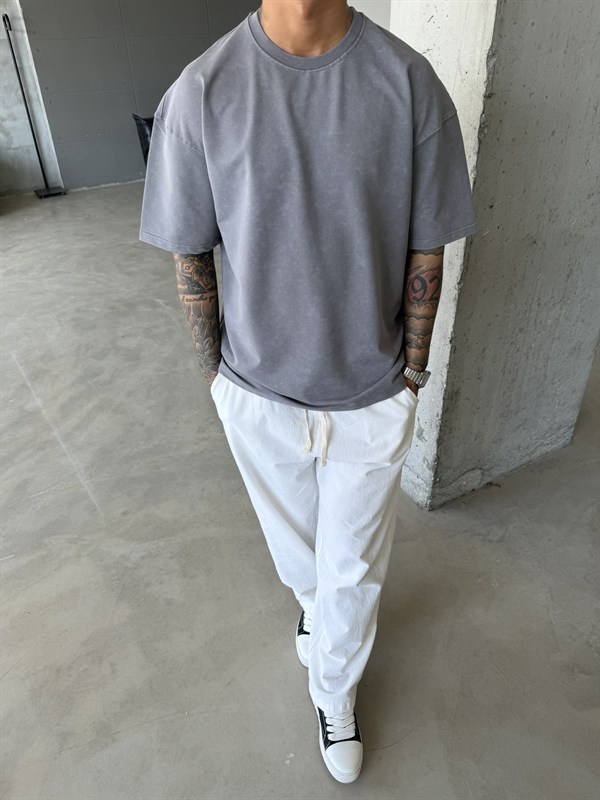 362 Premium Acid Yıkama Basic T-Shirt - Füme