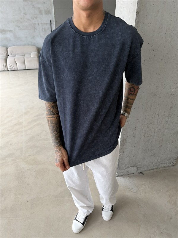 362 Premium Acid Yıkama Basic T-Shirt - İndigo