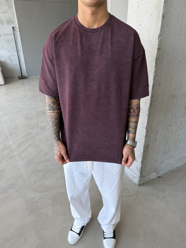362 Premium Acid Yıkama Basic T-Shirt - Mürdün