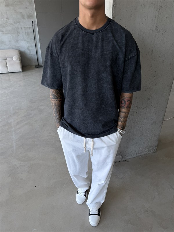 362 Premium Acid Yıkama Basic T-Shirt - Siyah