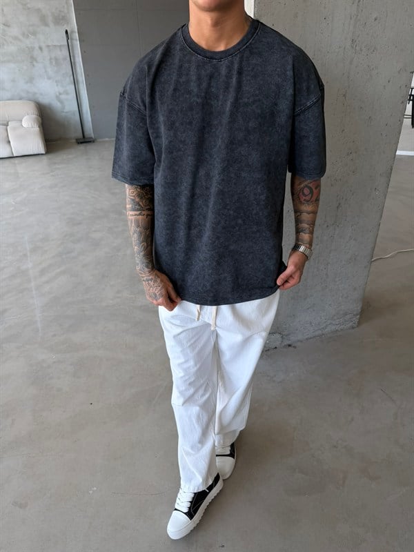 362 Premium Acid Yıkama Basic T-Shirt - Siyah