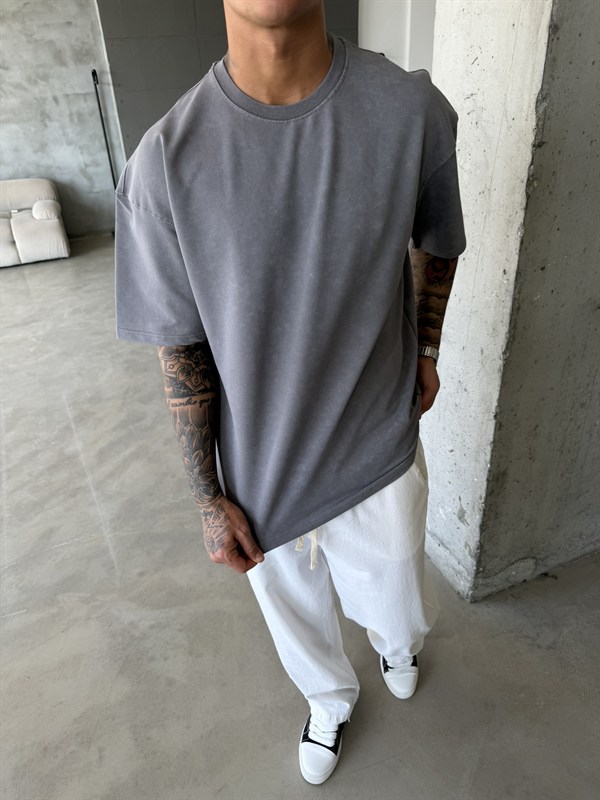 362 Premium Acid Yıkama Basic T-Shirt - Füme