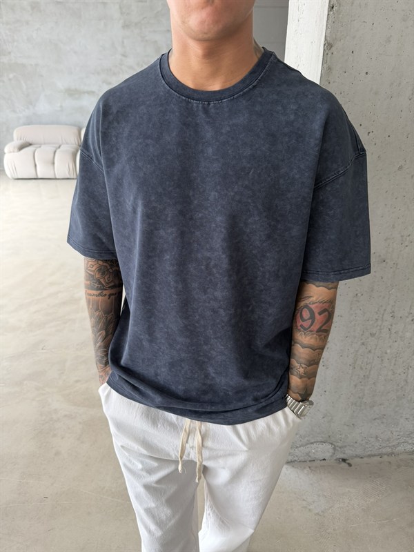 362 Premium Acid Yıkama Basic T-Shirt - İndigo