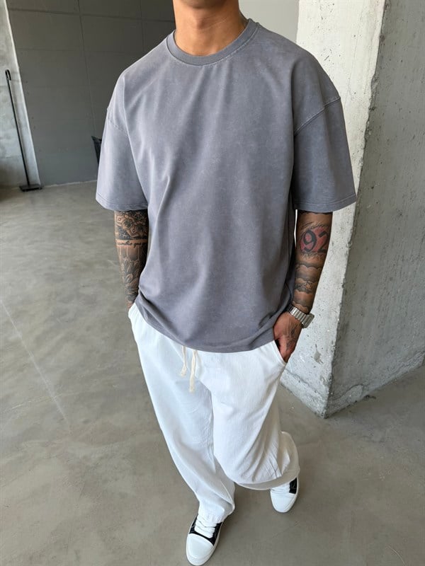 362 Premium Acid Yıkama Basic T-Shirt - Füme