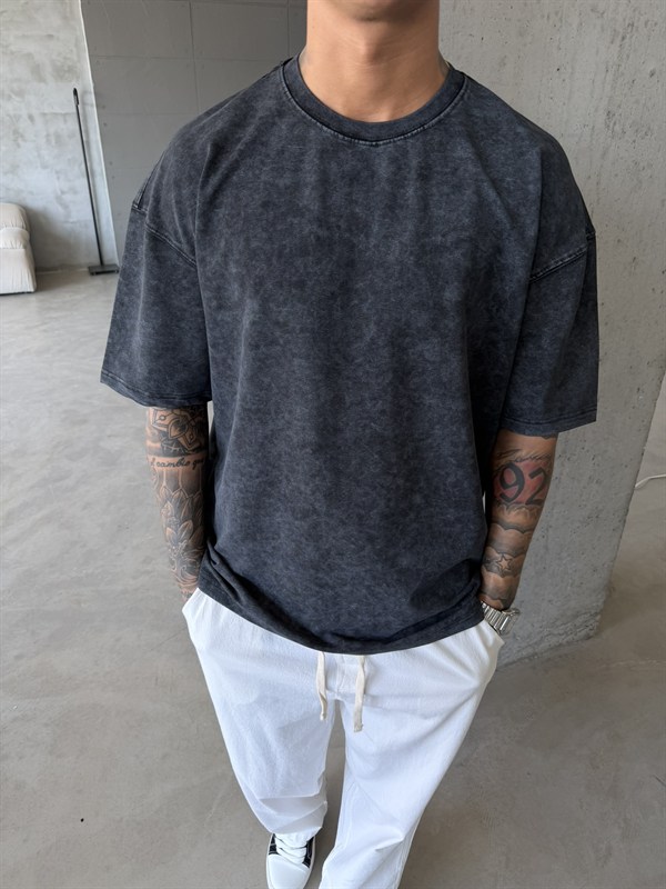 362 Premium Acid Yıkama Basic T-Shirt - Siyah