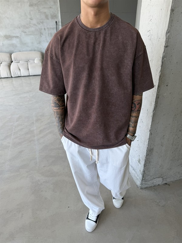 362 Premium Acid Yıkama Basic T-Shirt - Kahve