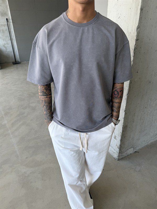 362 Premium Acid Yıkama Basic T-Shirt - Füme