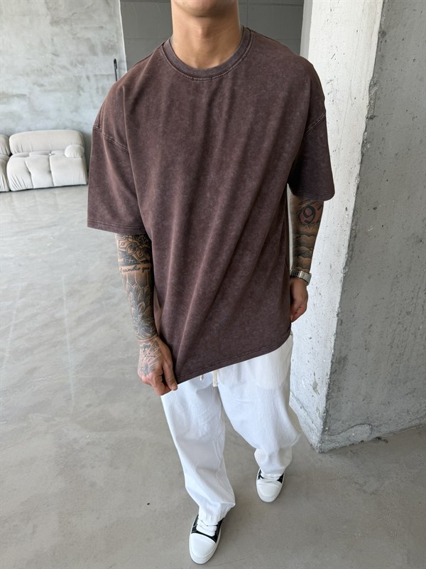 362 Premium Acid Yıkama Basic T-Shirt - Kahve