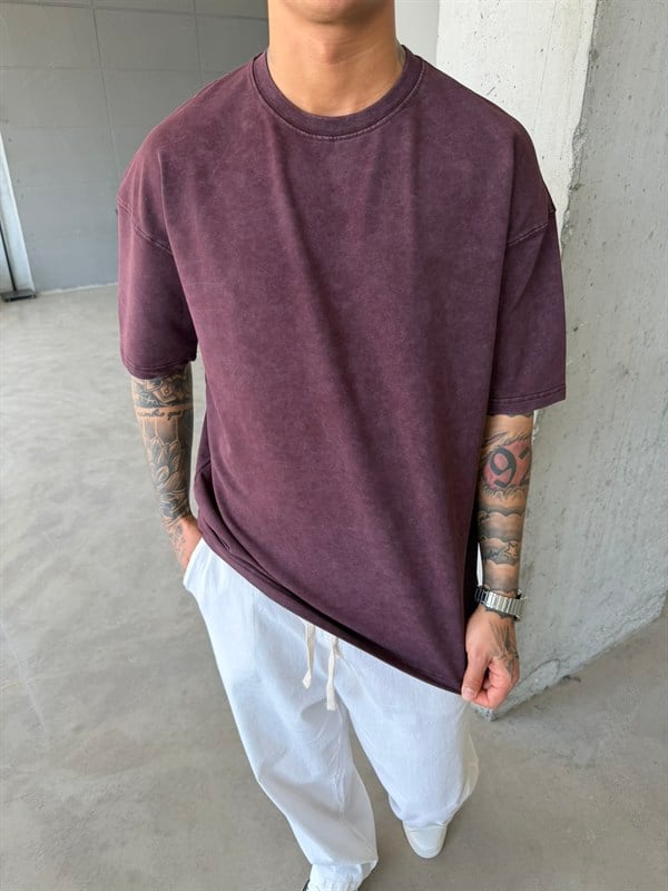 362 Premium Acid Yıkama Basic T-Shirt - Mürdün