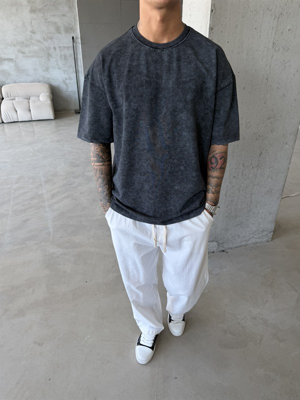 362 Premium Acid Yıkama Basic T-Shirt - Siyah