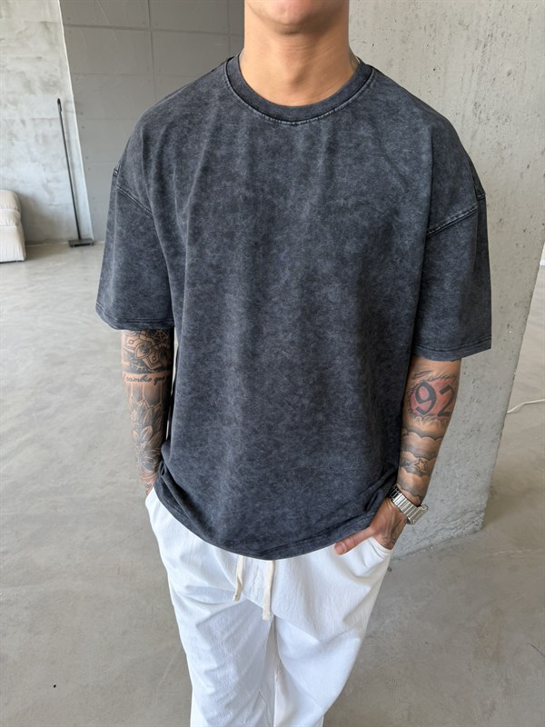 362 Premium Acid Yıkama Basic T-Shirt - Siyah