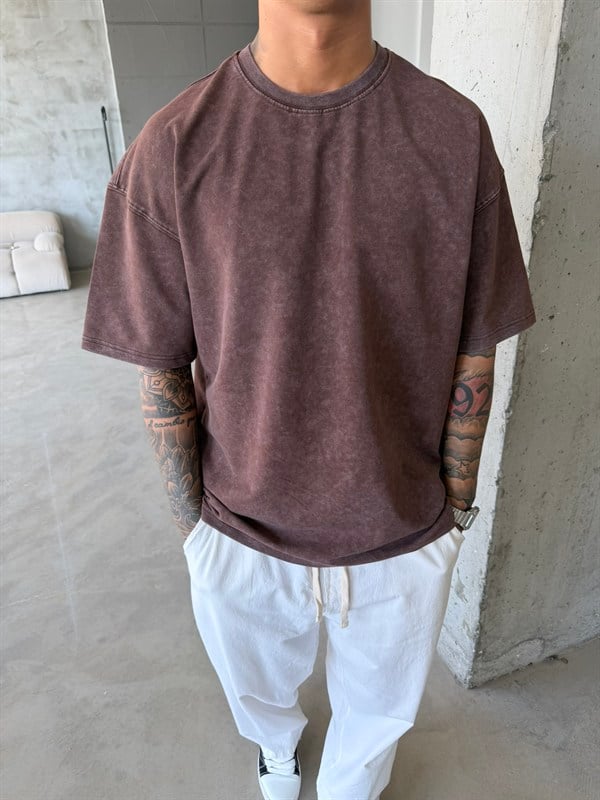 362 Premium Acid Yıkama Basic T-Shirt - Kahve