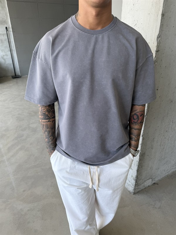 362 Premium Acid Yıkama Basic T-Shirt - Füme