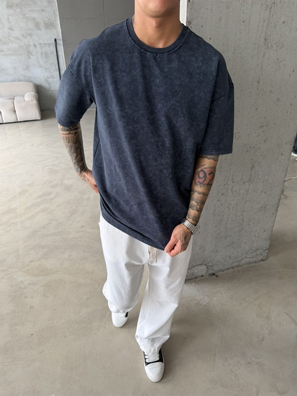 362 Premium Acid Yıkama Basic T-Shirt - İndigo