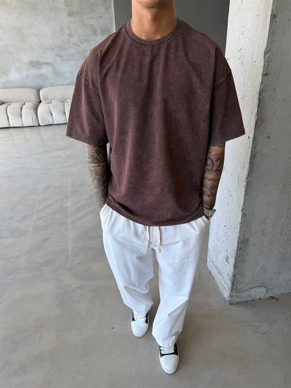 362 Premium Acid Yıkama Basic T-Shirt - Kahve